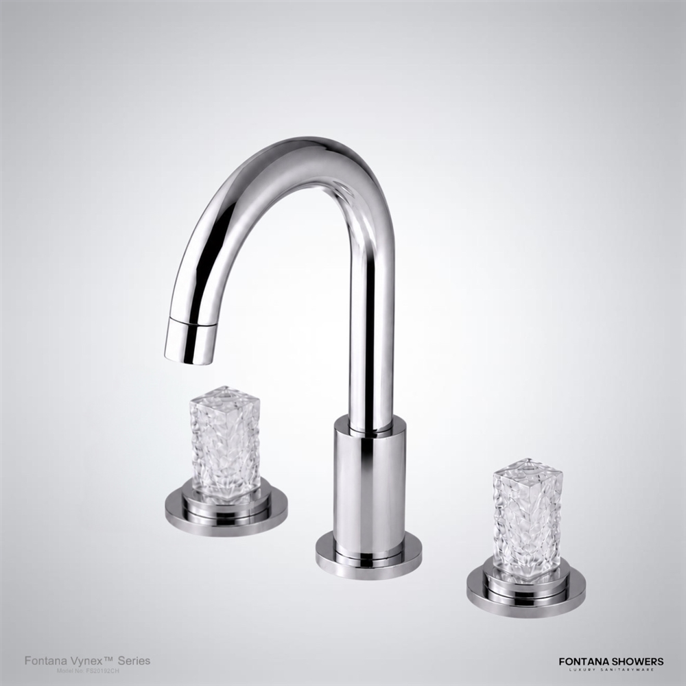 Round crystal handles on Fontana DualOrion gold bathroom faucet